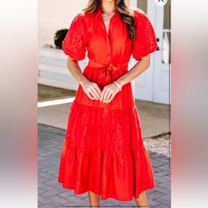 The Little Things Red Eyelet Midi Dress